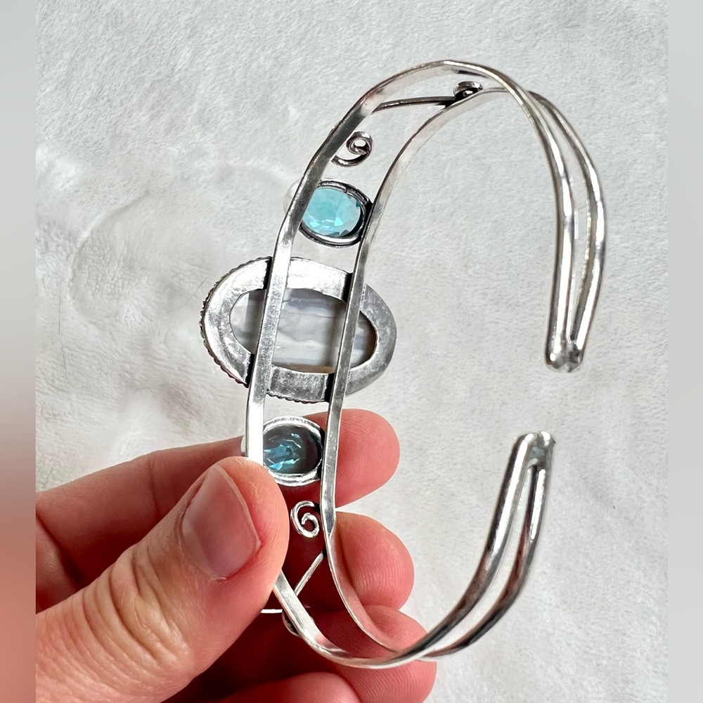 925 Owyhee Opal + Swiss Blue Topaz Cuff Bracelet - Picture 4 of 10